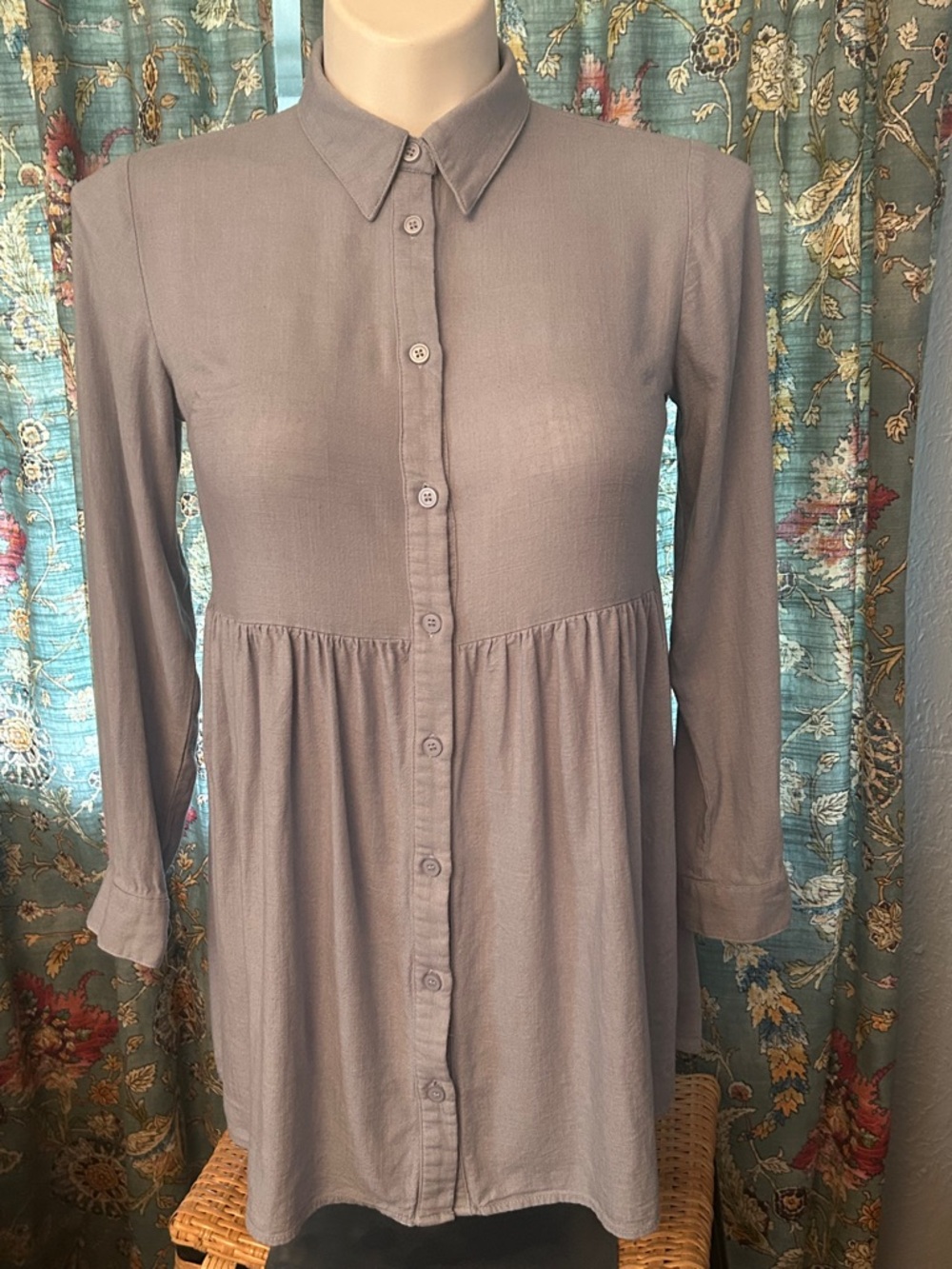 Sans Souci Chambray Baby Doll Shirt/Dress Button-Front Long Sleeve